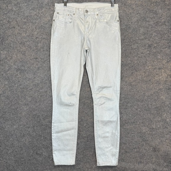 Helmut Lang Ankle Metallic Shiny Glossy Coated Jeans Womens 28 Pants Silver NEW‎